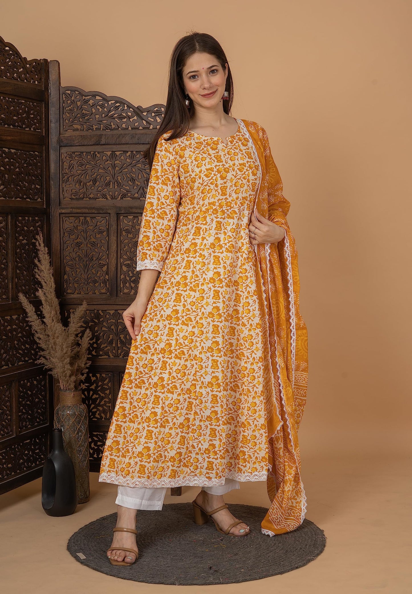 Cotton Printed Anarkali Kurta with Palazzo & Dupatta Set