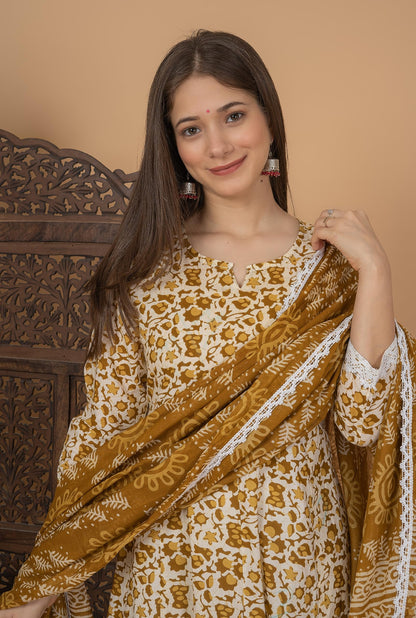 Cotton Printed Anarkali Kurta with Palazzo & Dupatta Set