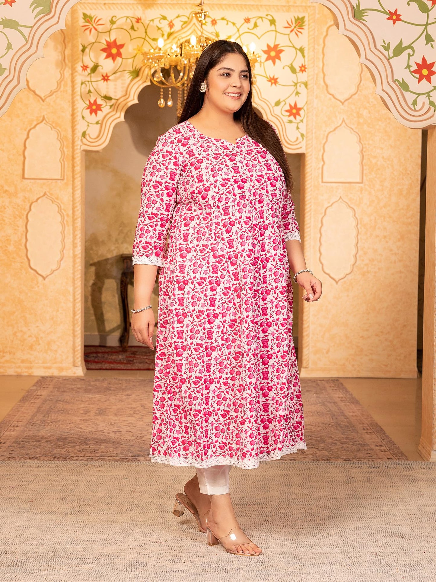Women's Pure Cotton Printed Anarkali Kurta with Palazzos & Dupatta