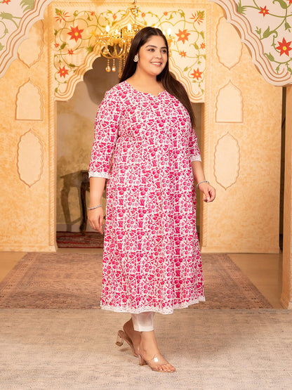Women's Pure Cotton Printed Anarkali Kurta with Palazzos & Dupatta