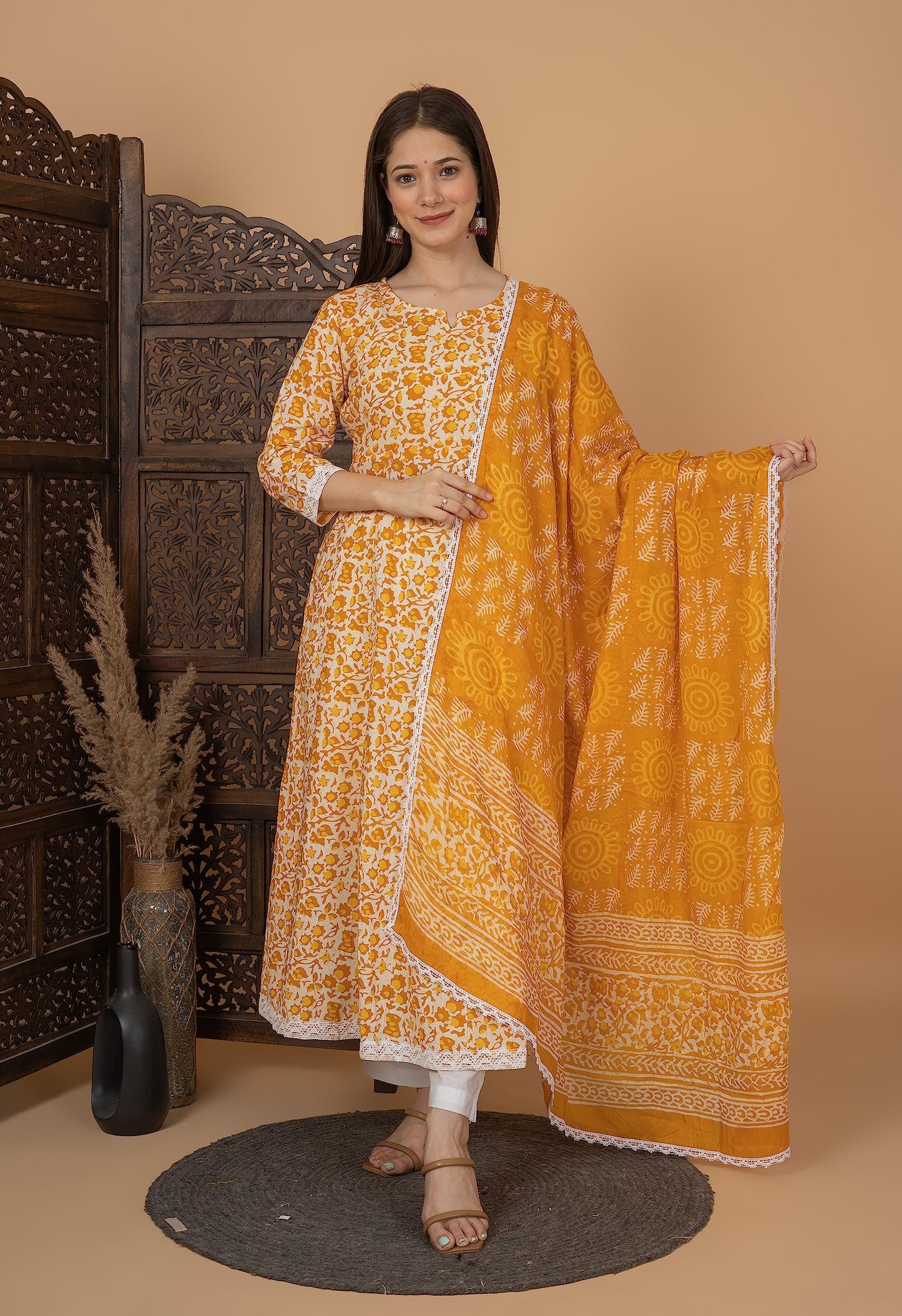 Cotton Printed Anarkali Kurta with Palazzo & Dupatta Set