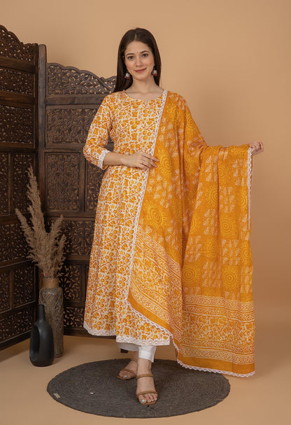 Cotton Printed Anarkali Kurta with Palazzo & Dupatta Set