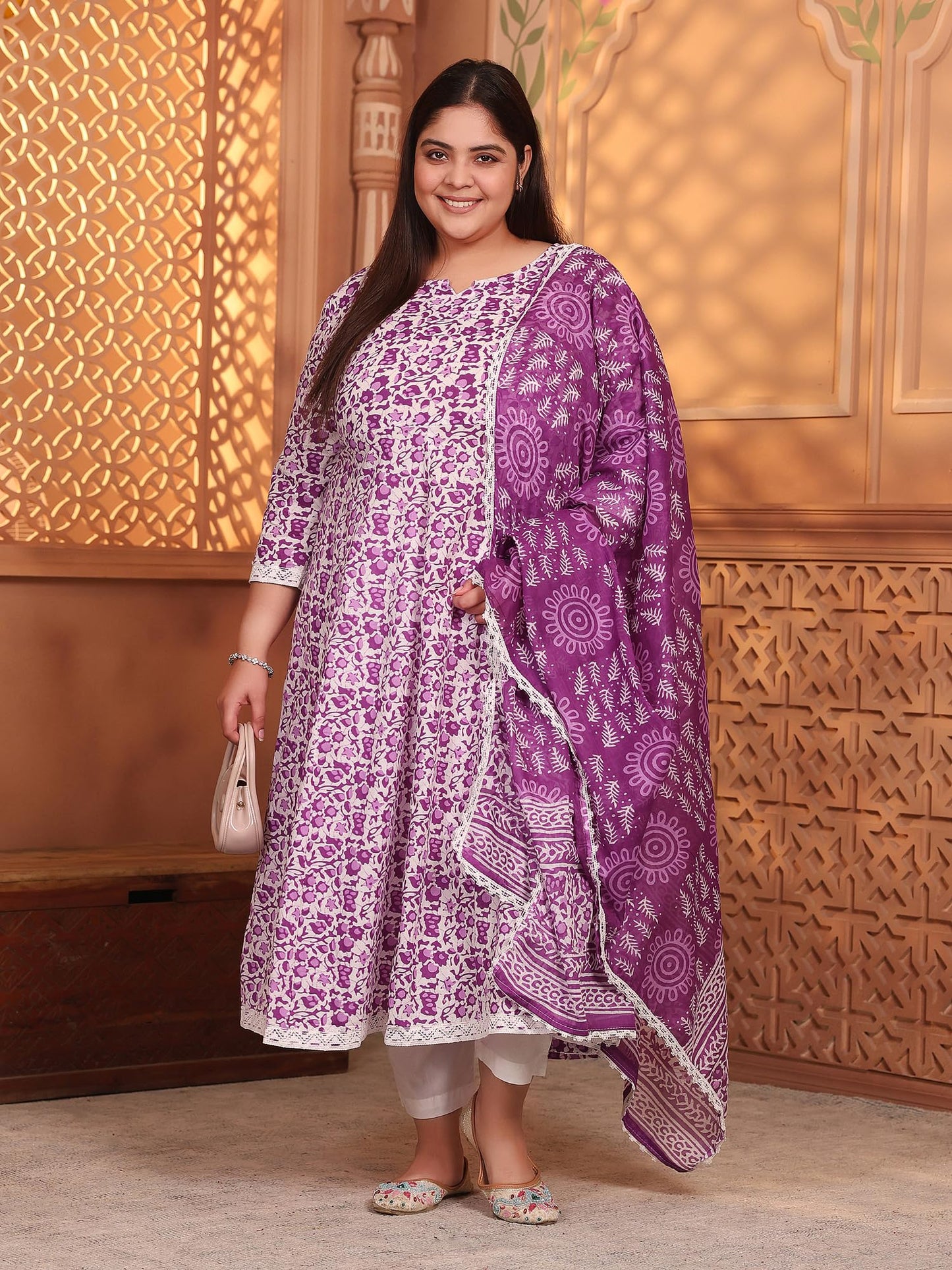Women's Pure Cotton Printed Anarkali Kurta with Palazzos & Dupatta