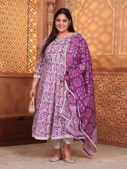 Women's Pure Cotton Printed Anarkali Kurta with Palazzos & Dupatta