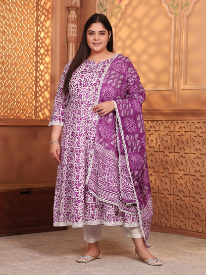 Women's Pure Cotton Printed Anarkali Kurta with Palazzos & Dupatta