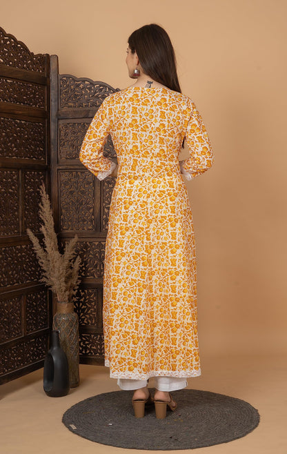 Cotton Printed Anarkali Kurta with Palazzo & Dupatta Set