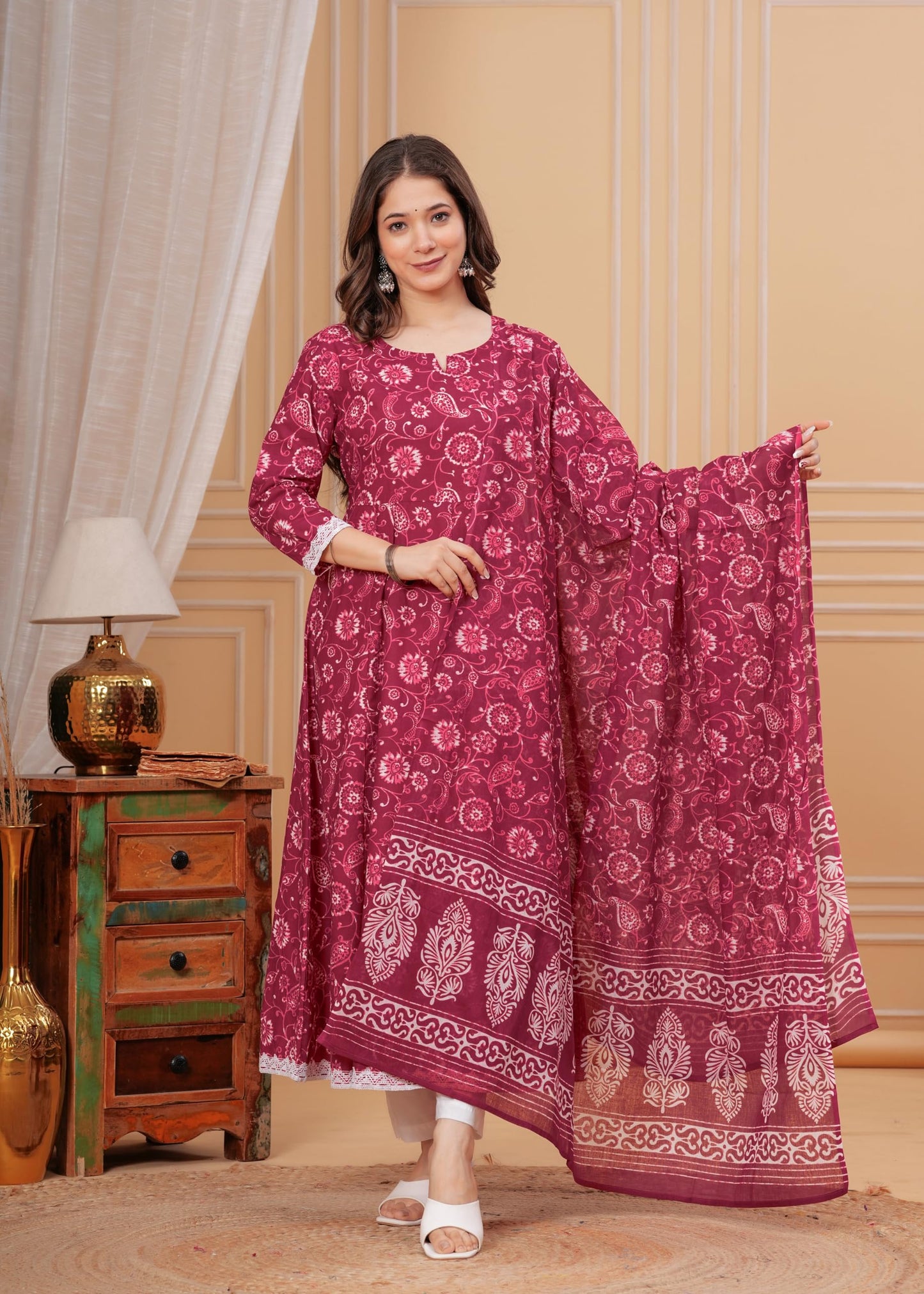 Cotton Printed Anarkali Kurta with Palazzo & Dupatta Set