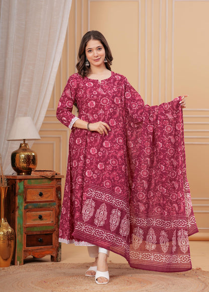 Cotton Printed Anarkali Kurta with Palazzo & Dupatta Set