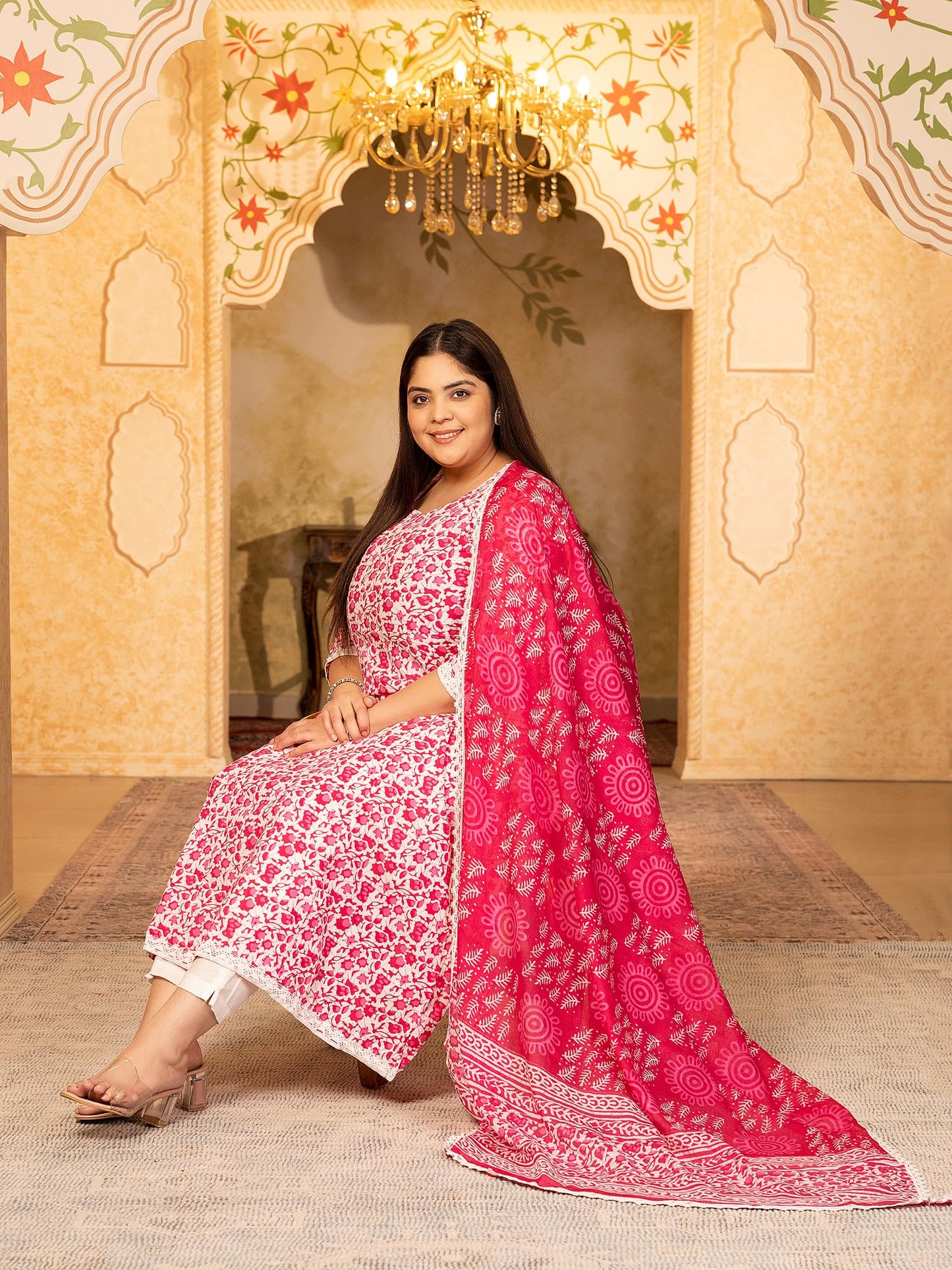 Women's Pure Cotton Printed Anarkali Kurta with Palazzos & Dupatta