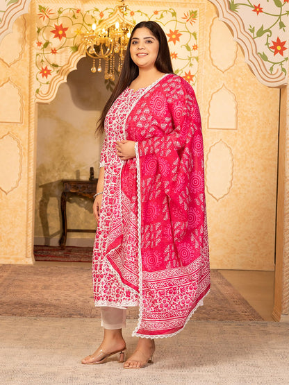 Women's Pure Cotton Printed Anarkali Kurta with Palazzos & Dupatta