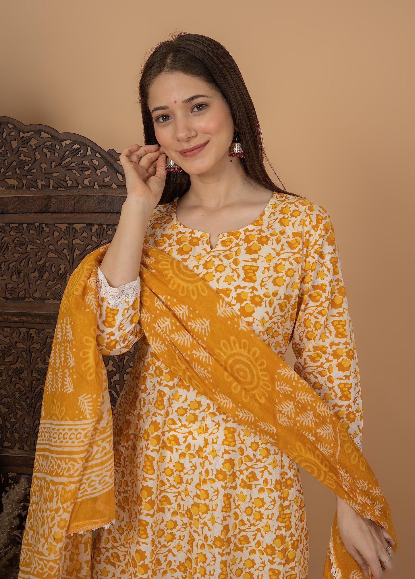 Cotton Printed Anarkali Kurta with Palazzo & Dupatta Set