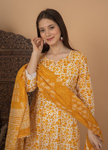 Cotton Printed Anarkali Kurta with Palazzo & Dupatta Set