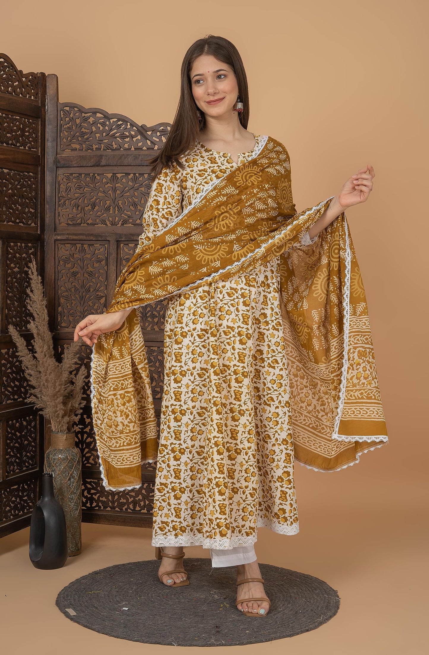 Cotton Printed Anarkali Kurta with Palazzo & Dupatta Set
