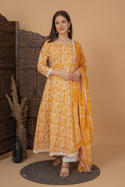 Cotton Printed Anarkali Kurta with Palazzo & Dupatta Set