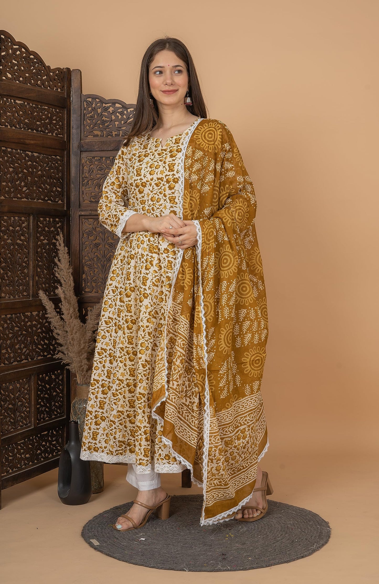 Cotton Printed Anarkali Kurta with Palazzo & Dupatta Set