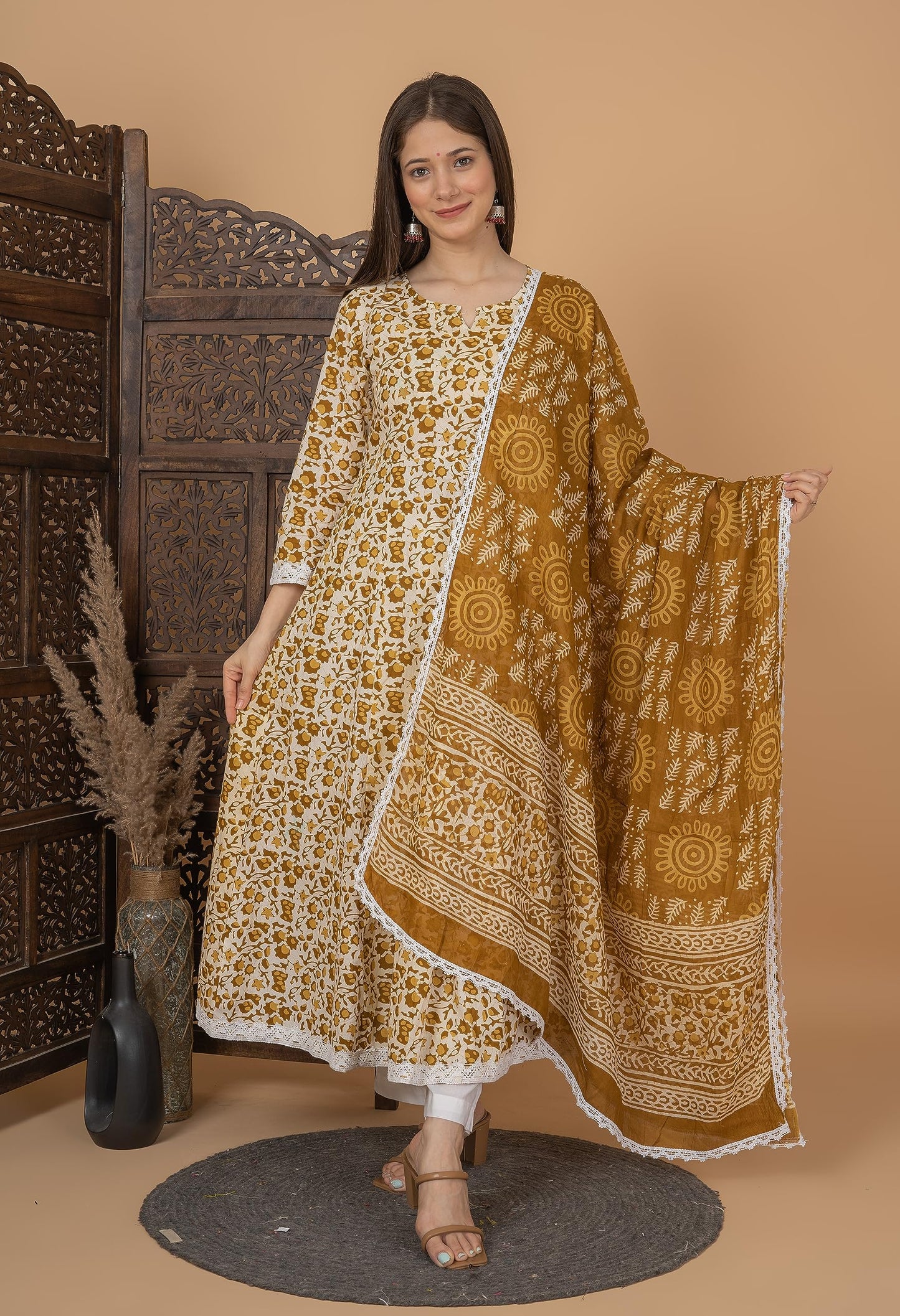 Cotton Printed Anarkali Kurta with Palazzo & Dupatta Set