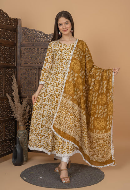 Cotton Printed Anarkali Kurta with Palazzo & Dupatta Set