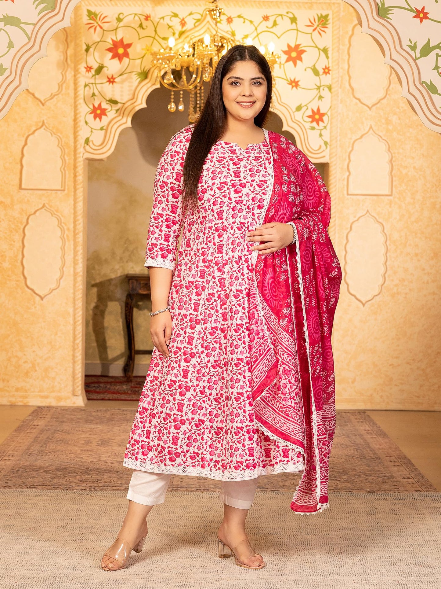 Women's Pure Cotton Printed Anarkali Kurta with Palazzos & Dupatta