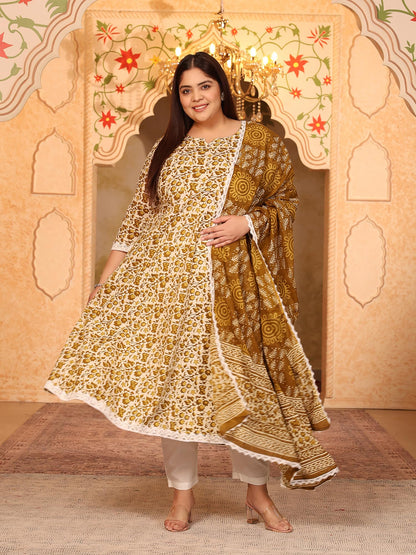 Women's Pure Cotton Printed Anarkali Kurta with Palazzos & Dupatta