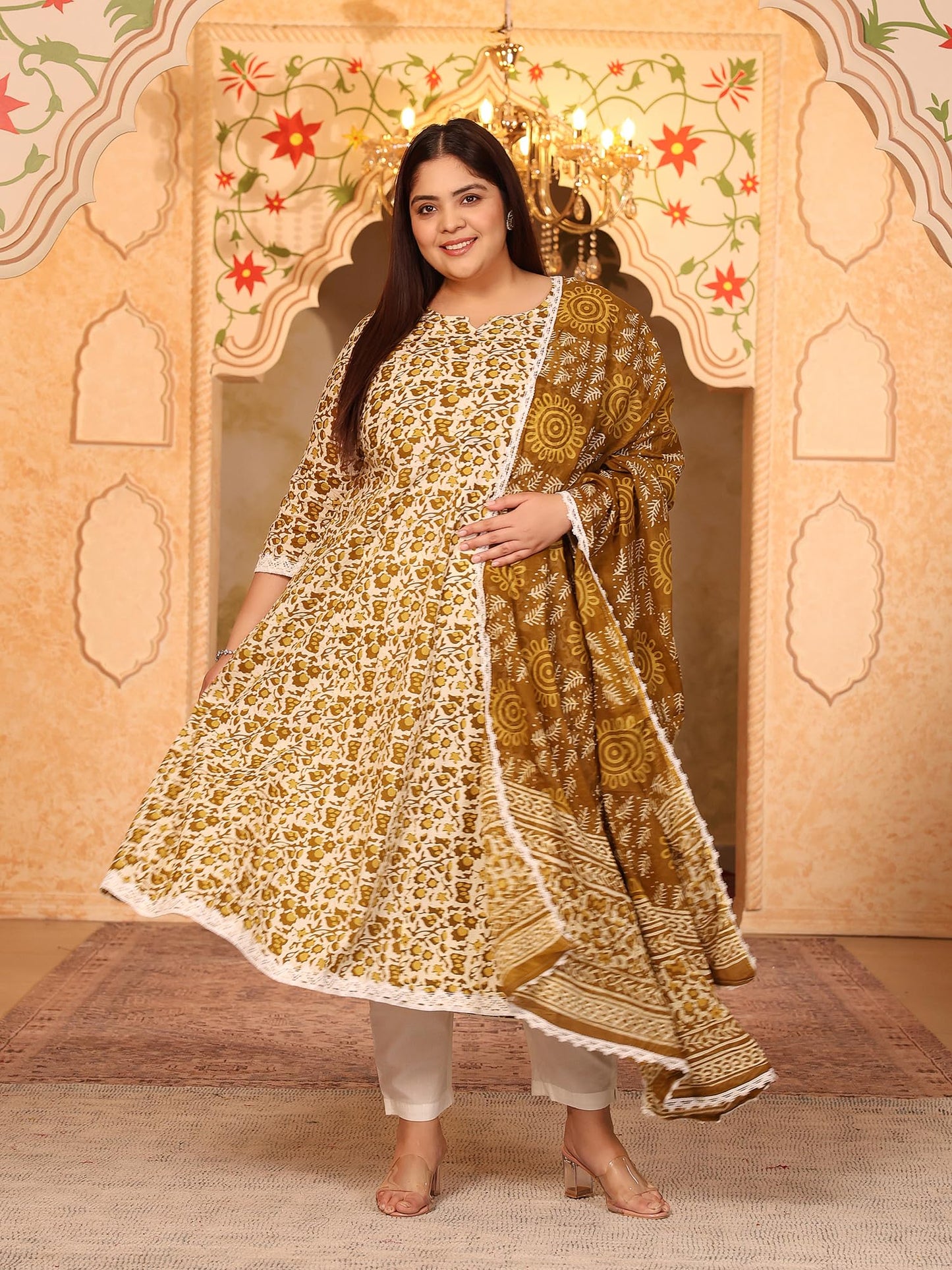 Women's Pure Cotton Printed Anarkali Kurta with Palazzos & Dupatta