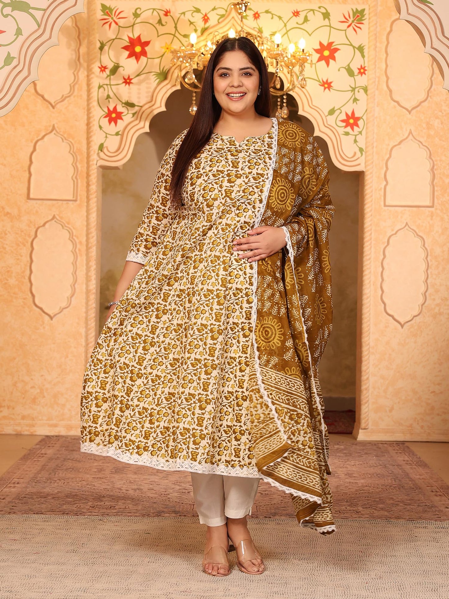 Women's Pure Cotton Printed Anarkali Kurta with Palazzos & Dupatta