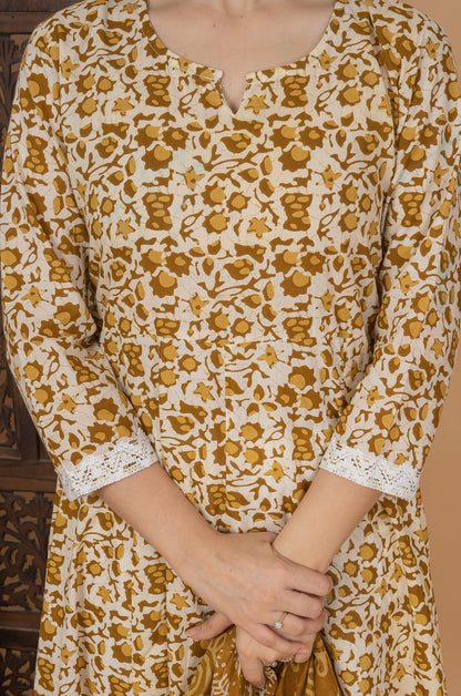 Cotton Printed Anarkali Kurta with Palazzo & Dupatta Set