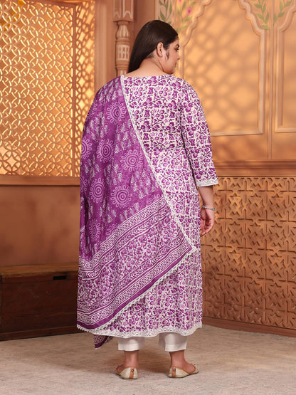 Women's Pure Cotton Printed Anarkali Kurta with Palazzos & Dupatta