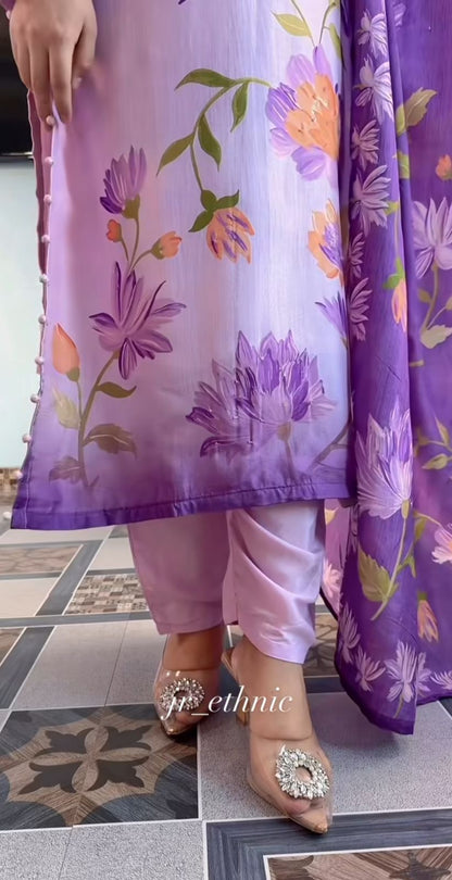 Flowy Soft Silk Kurti Pant Dupatta 3-Piece Set.