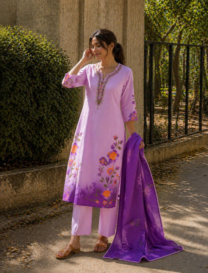 Flowy Soft Silk Kurti Pant Dupatta 3-Piece Set.