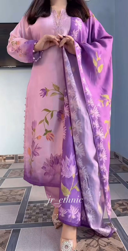 Flowy Soft Silk Kurti Pant Dupatta 3-Piece Set.