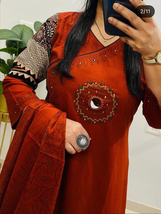 dhabu cotton kutch style suit with dabu print 🐾 and original mirror work.