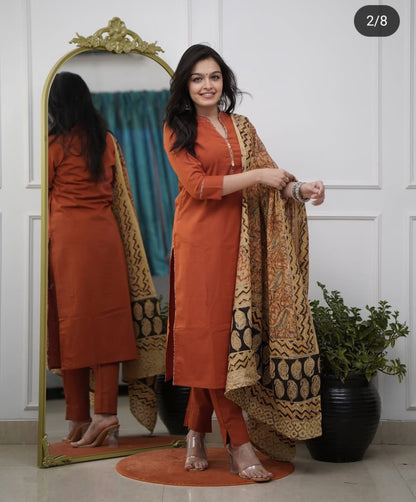 Premium cotton kurti,pant, dupatta sets