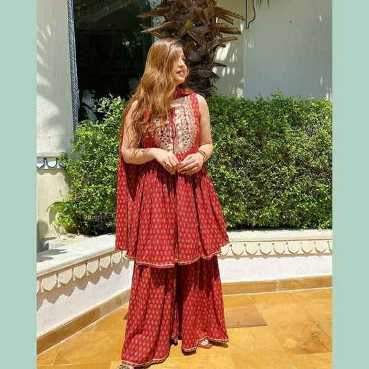 PROCION PRINT RAYON  SLEEVELESS KURTI WITH SHARARA AND DUPATT