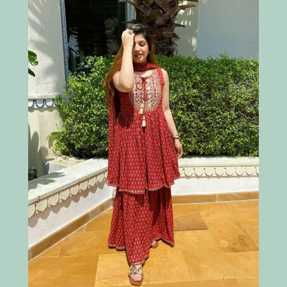 PROCION PRINT RAYON  SLEEVELESS KURTI WITH SHARARA AND DUPATT