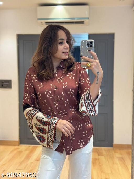 Designer Party Wear Look Chinnon Printed Bandhani Shirt👗