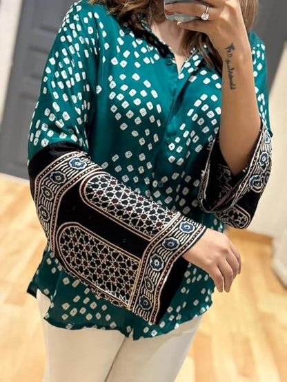 Designer Party Wear Look Chinnon Printed Bandhani Shirt👗