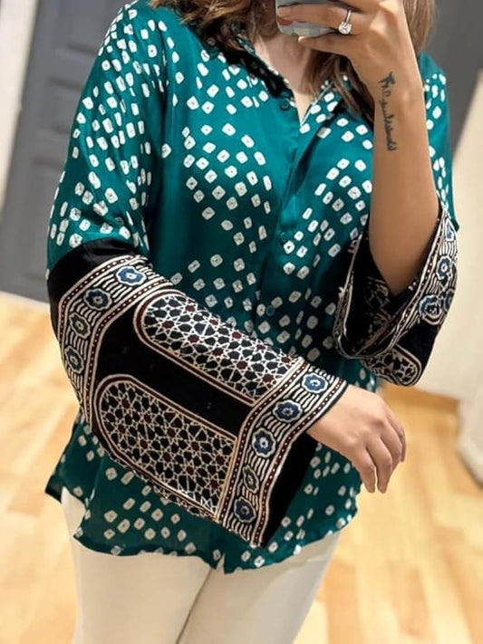 Designer Party Wear Look Chinnon Printed Bandhani Shirt👗