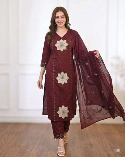 mul cotton Full Embroidery dupatta sets 3 piece set