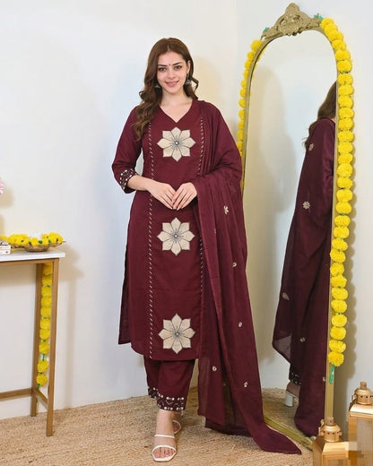 mul cotton Full Embroidery dupatta sets 3 piece set