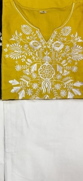 The lightweight kurta features intricate thread embroidery along the neckline, sleeves,