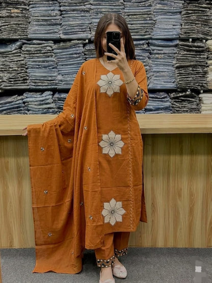 mul cotton Full Embroidery dupatta sets 3 piece set